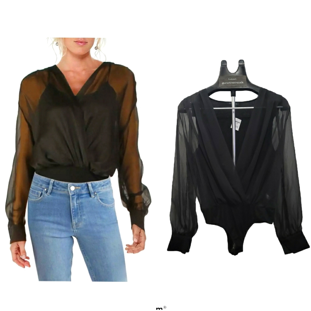 CQ by CQ New Black Sheer Faux Wrap Bodysuit